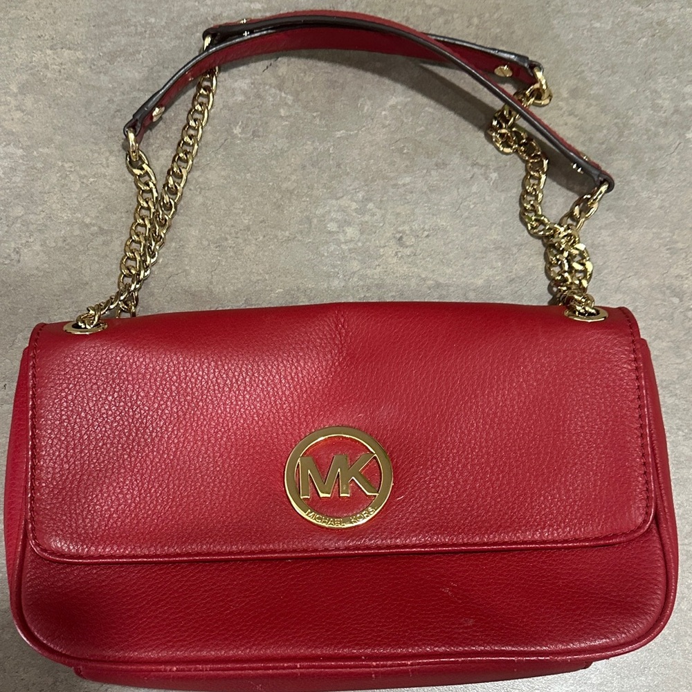 Michael Kors Cherry Red Shoulder Bag with Gold Chain